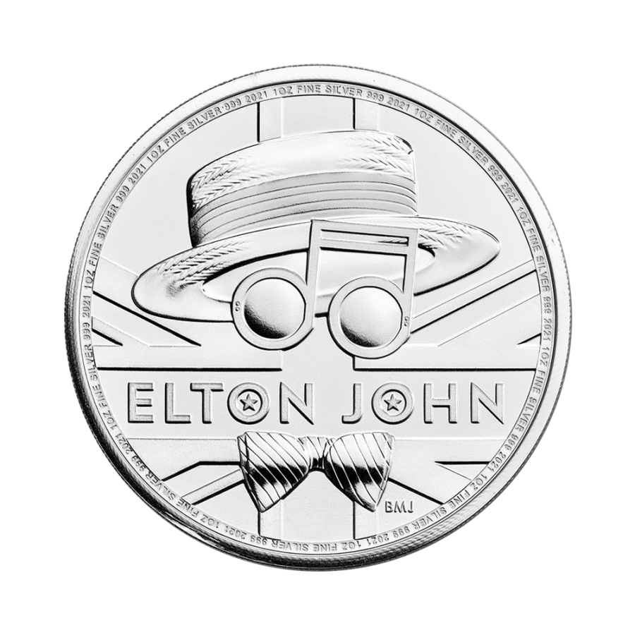 The Elton-John-Legends-Music coin is a one-ounce silver reverse