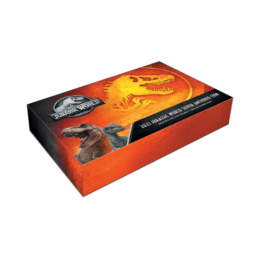 Moneta-Park-Jurajski_-Tyranozaur-Rex–antyczne-wykonczenie–2-uncje-srebra-pudelko