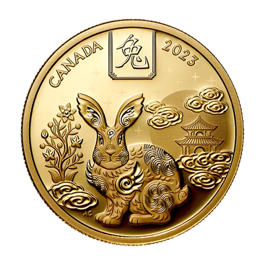 The gold coin 100CAD Canadian Year of the Rabbit Proof-2023 reverse