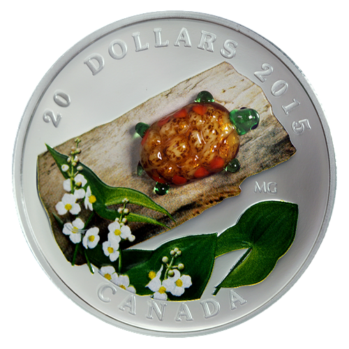 Venetian Glass Turtle with Broadleaf Arrowhead Flower in Murano Glass - Pure Silver Coin - 24h Shipping!