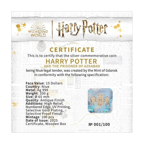 Srebrna moneta Harry Potter i Więzień Azkabanu 200 g - wysyłka 24 h!