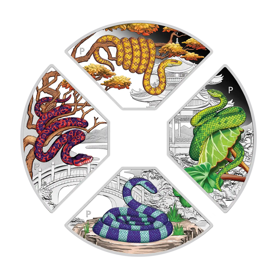 Set of 4 x 1 oz 2025 Lunar Year of the Snake Quadrant Colourized Proof Silver Coins  - 24h Shipping!